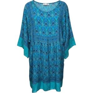 R.Vivimos Turquoise Blue Damask Floral Boho Kimono Sleeve Tunic Dress Womens M